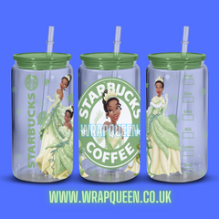 Princess Frog Tiana Coffee UV DTF 16oz Glass Cup Wrap