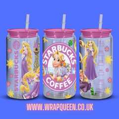 Princess Rapunzel Tangled Coffee UV DTF 16oz Glass Cup Wrap