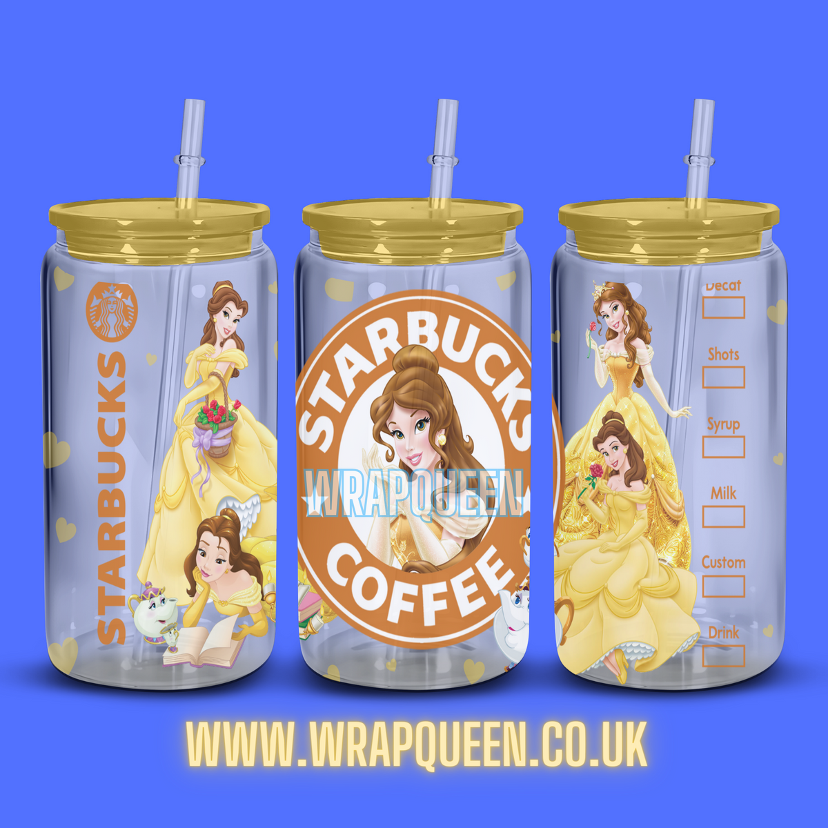 Princess Belle Coffee UV DTF 16oz Glass Cup Wrap