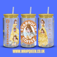 Princess Belle Coffee UV DTF 16oz Glass Cup Wrap