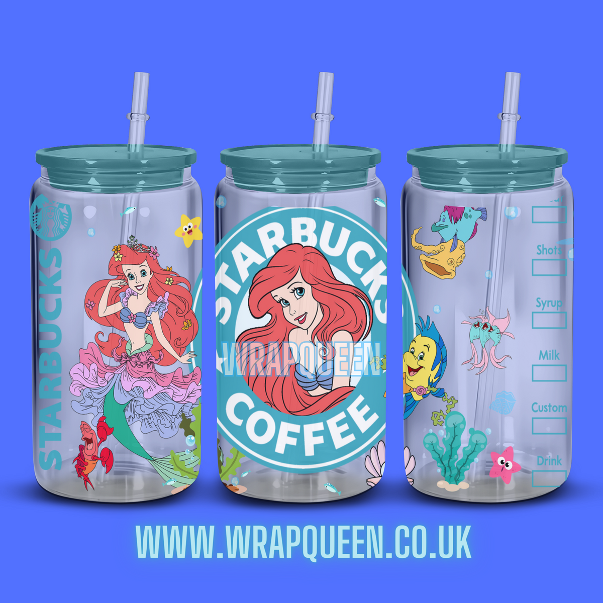 Princess Mermaid Ariel Coffee UV DTF 16oz Glass Cup Wrap