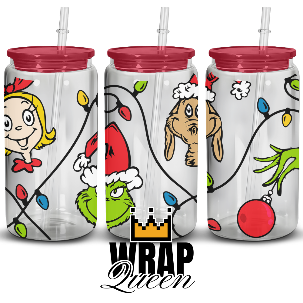 Grinch Max Lights UV DTF 16oz Glass Cup Wrap