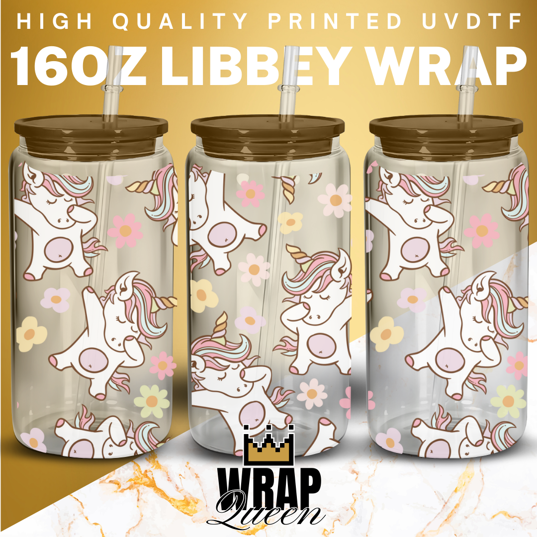 Unicorn Dabbing UV DTF 16oz Glass Cup Wrap