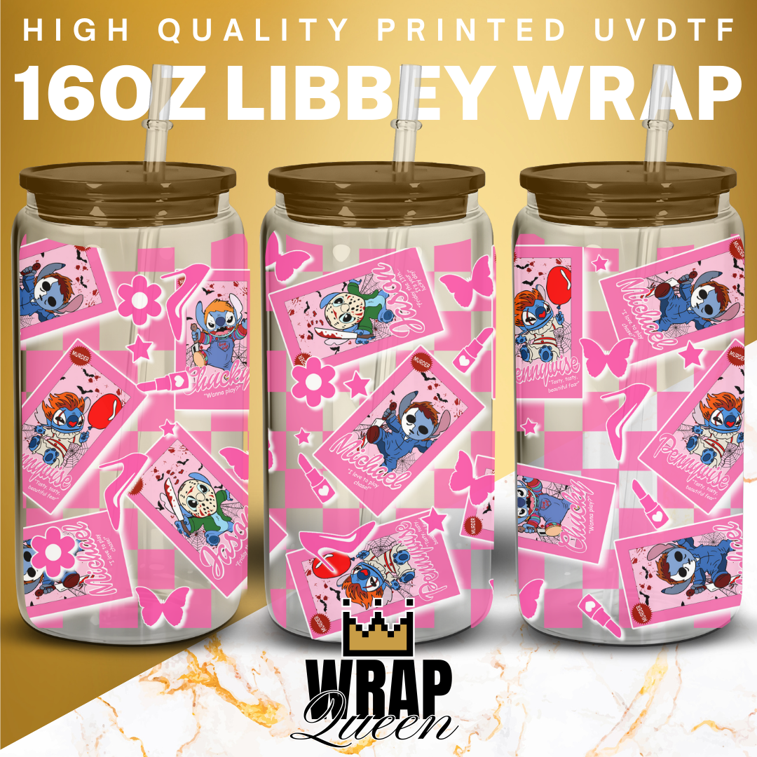 Cute Killers in Pink Doll Box UV DTF 16oz Glass Cup Wrap
