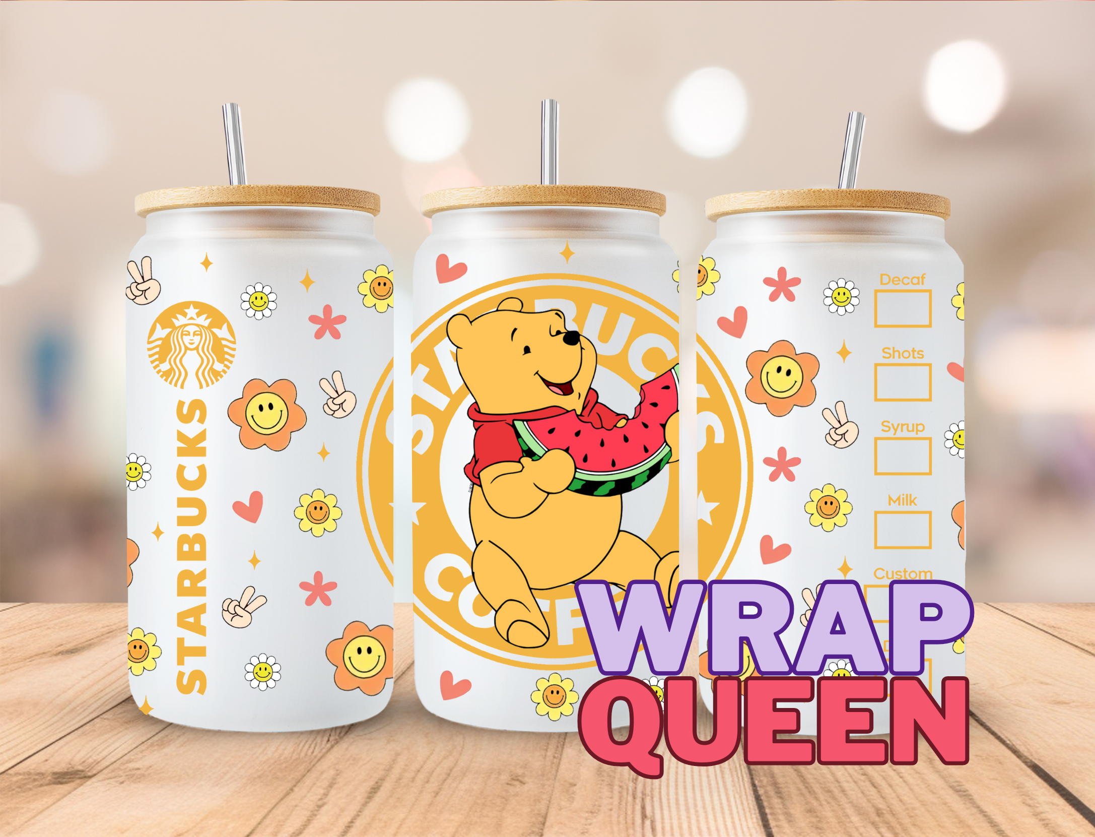 Bear Coffee Cartoon UV DTF 16oz Glass Cup Wrap