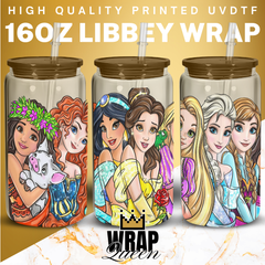 Princesses 7 UV DTF 16oz Glass Cup Wrap