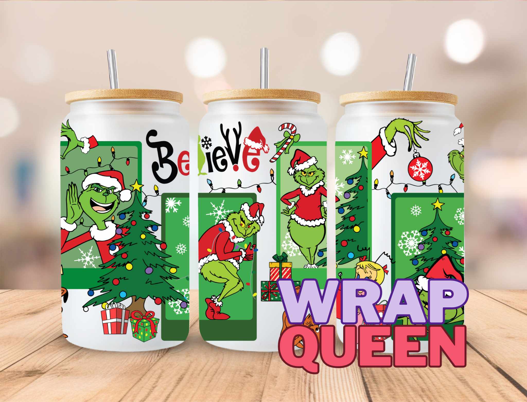 Grinch Believe 2 Christmas Movies Films UV DTF 16oz Glass Cup Wrap