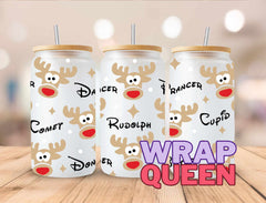 Rudolph and reindeer names Christmas UV DTF 16oz Glass Cup Wrap