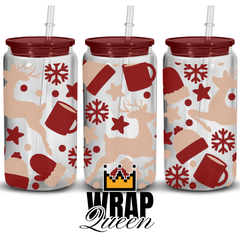 Christmas Deer, Hat, Gloves UV DTF 16oz Glass Cup Wrap