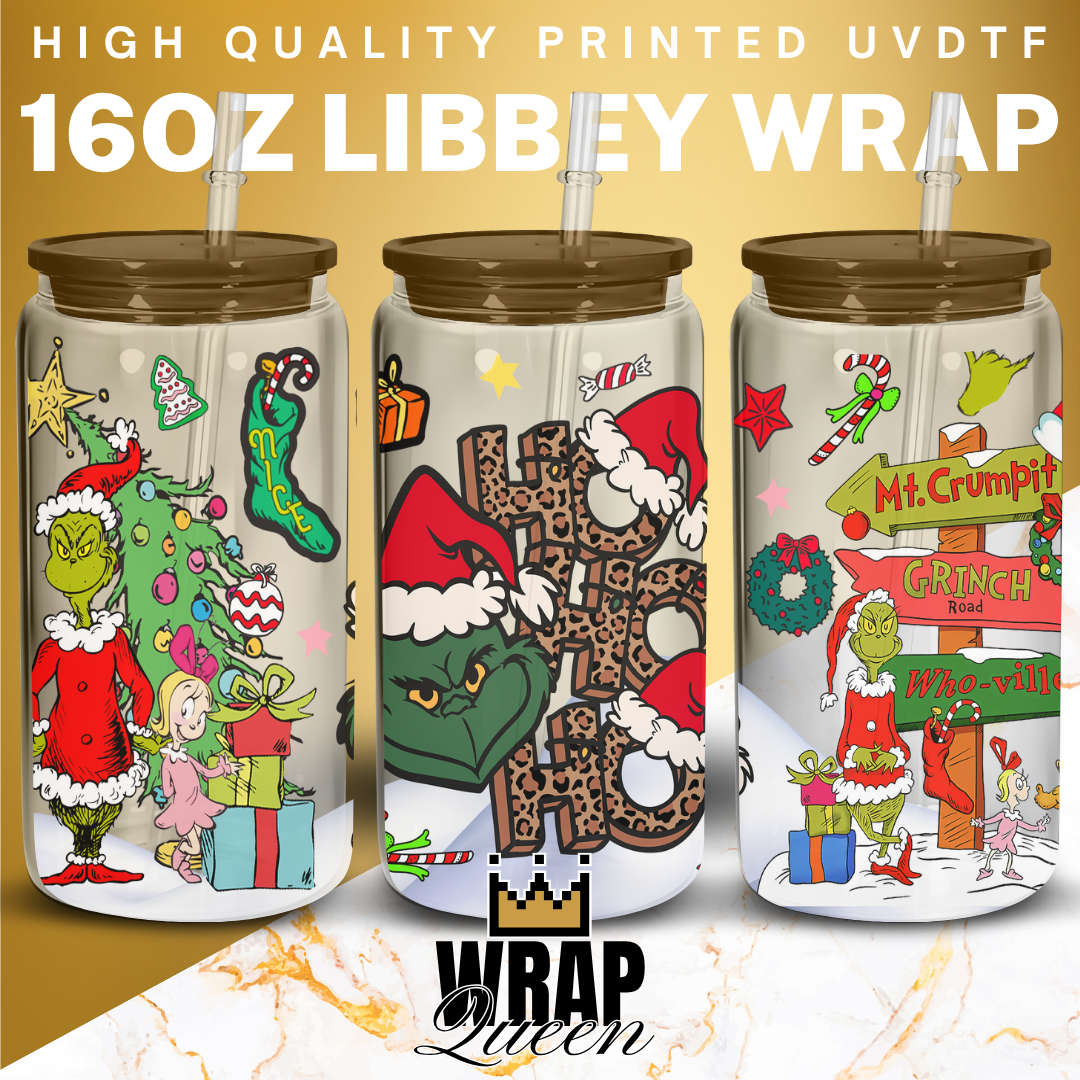 Grinch HO HO HO Christmas Movies Films UV DTF 16oz Glass Cup Wrap