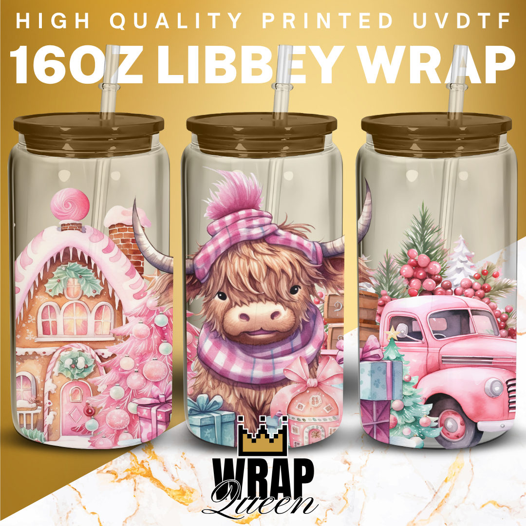 Highland Cow Pink Calf Animal UV DTF 16oz Glass Cup Wrap