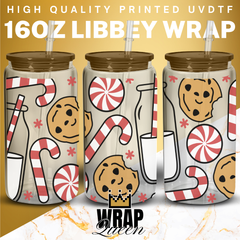 Christmas Santas Cookies and Milk RED UV DTF 16oz Glass Cup Wrap