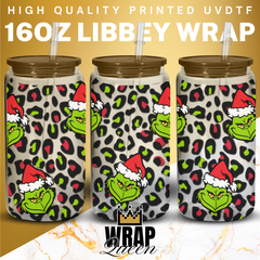 Grinch Leopard print UV DTF 16oz Glass Cup Wrap
