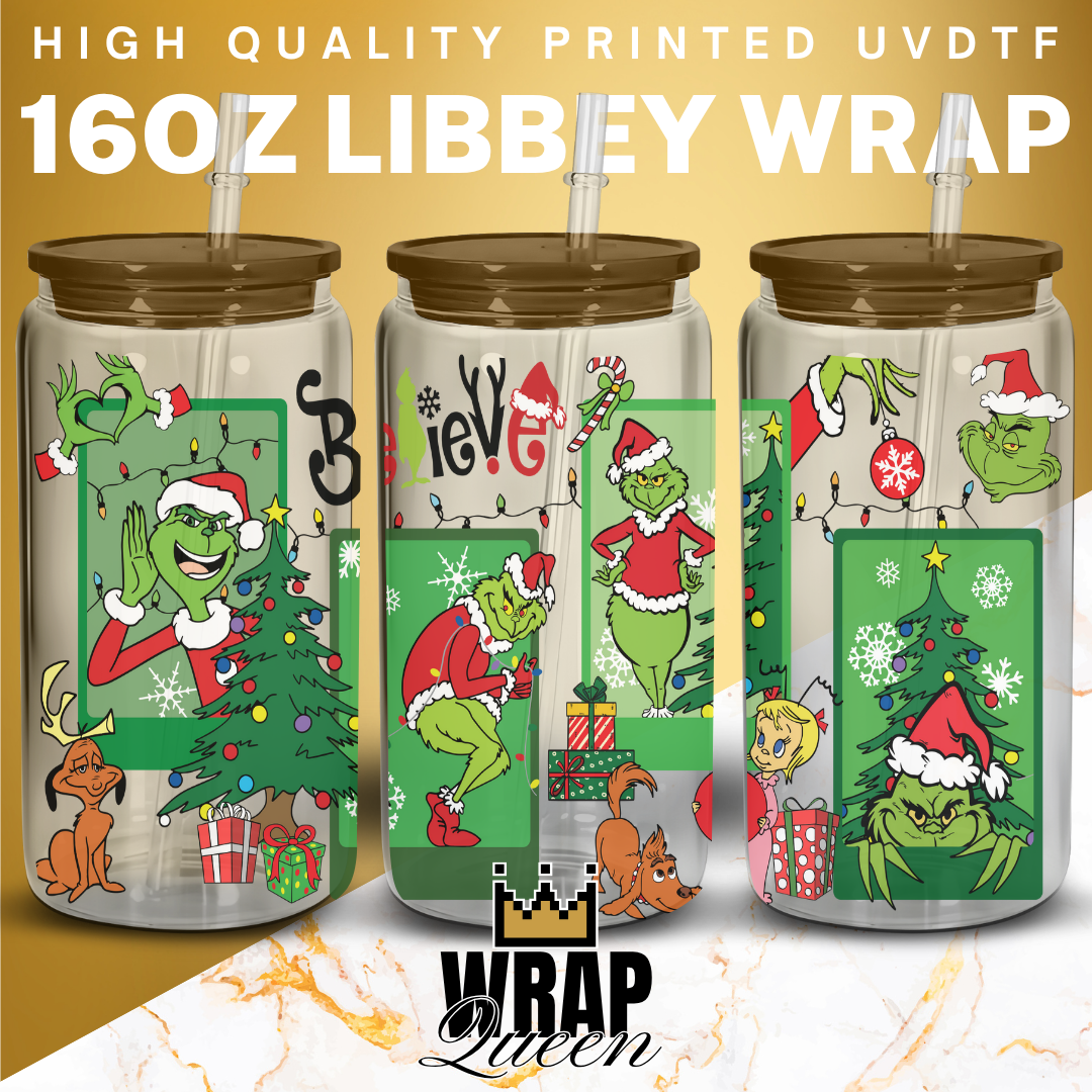 Grinch Believe 2 Christmas Movies Films UV DTF 16oz Glass Cup Wrap