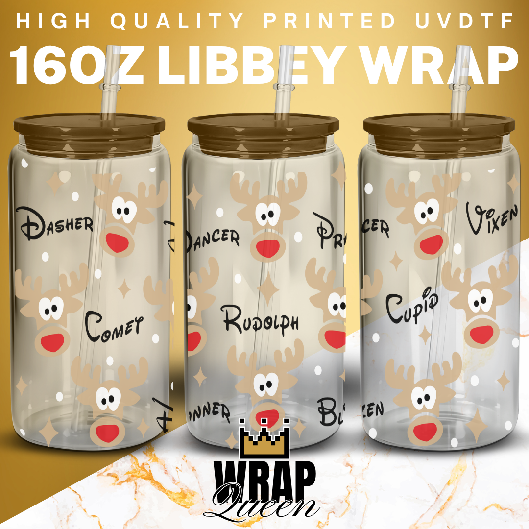 Rudolph and reindeer names Christmas UV DTF 16oz Glass Cup Wrap