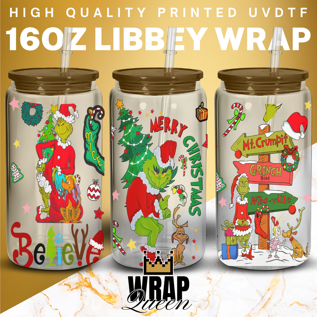 Grinch with Tree Christmas Movies Films UV DTF 16oz Glass Cup Wrap