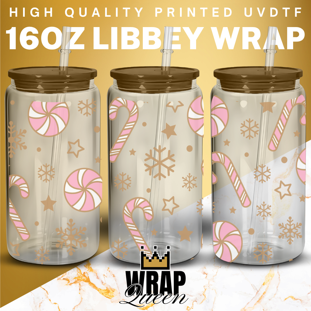 Christmas Candy Canes 2 UV DTF 16oz Glass Cup Wrap
