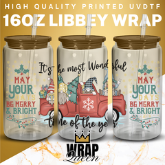 Gonk Truck May your days be merry and bright most wonderful time UV DTF 16oz Glass Cup Wrap