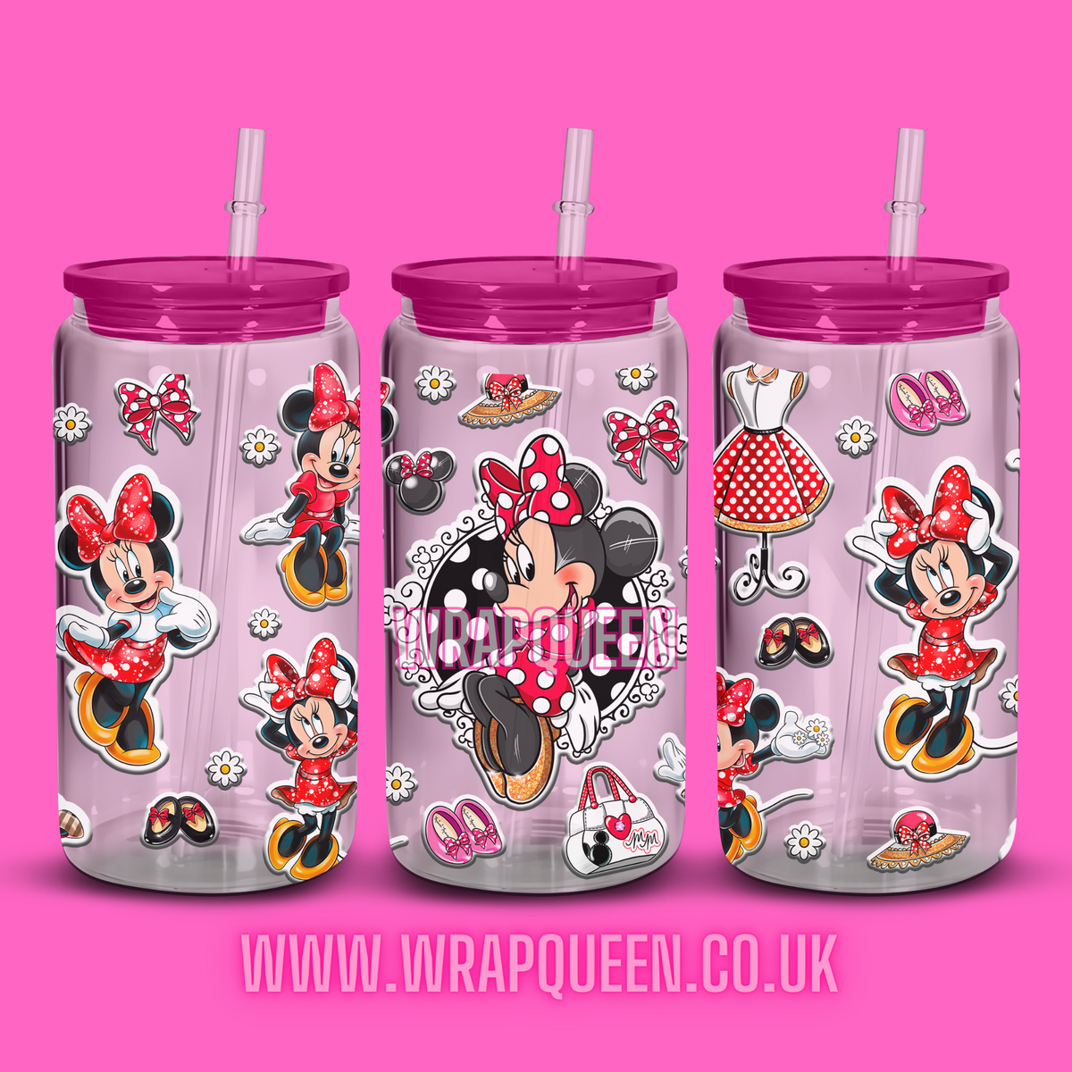 Mouse Minnie Red UV DTF 16oz Glass Cup Wrap