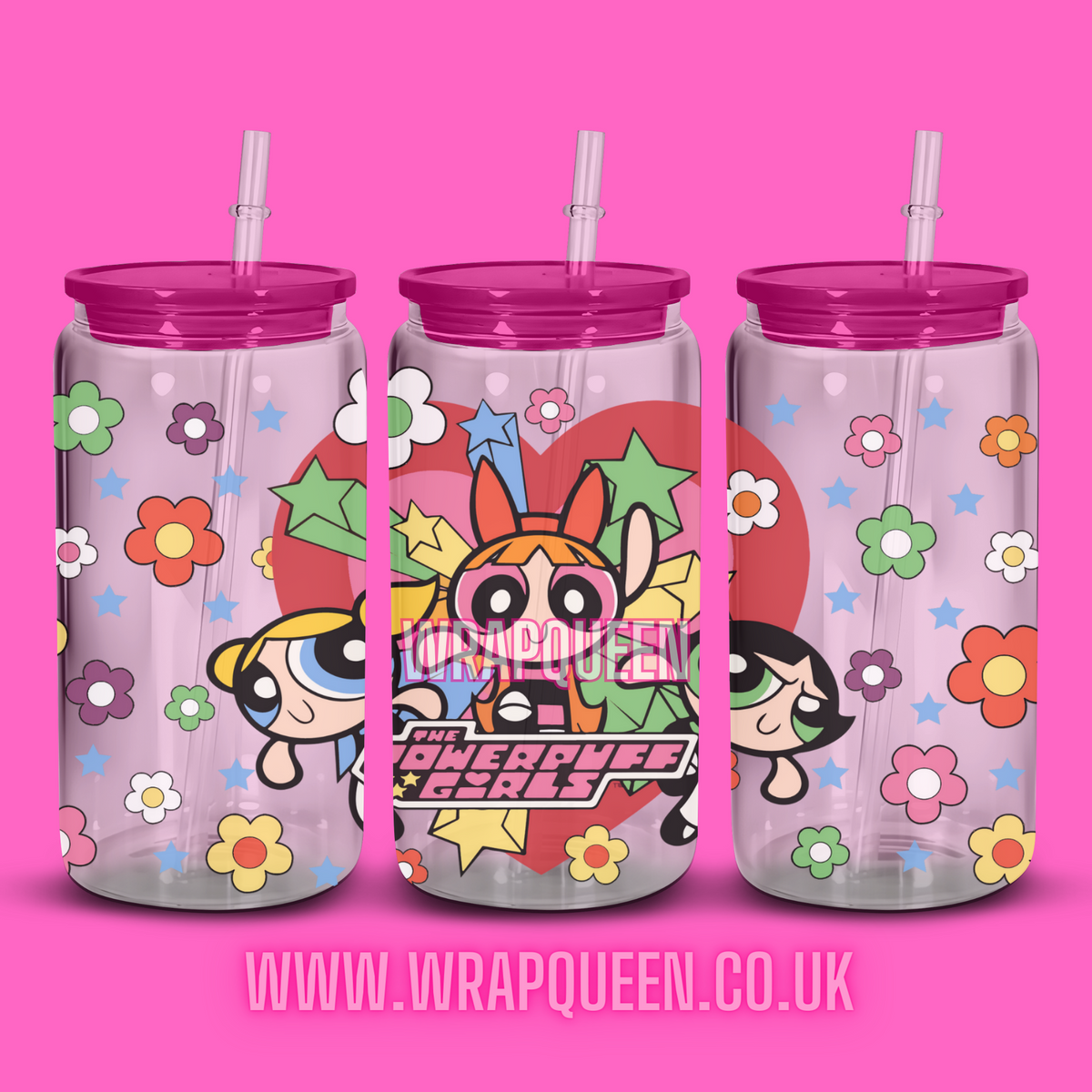 Powerpuff Girls heart UV DTF 16oz Glass Cup Wrap