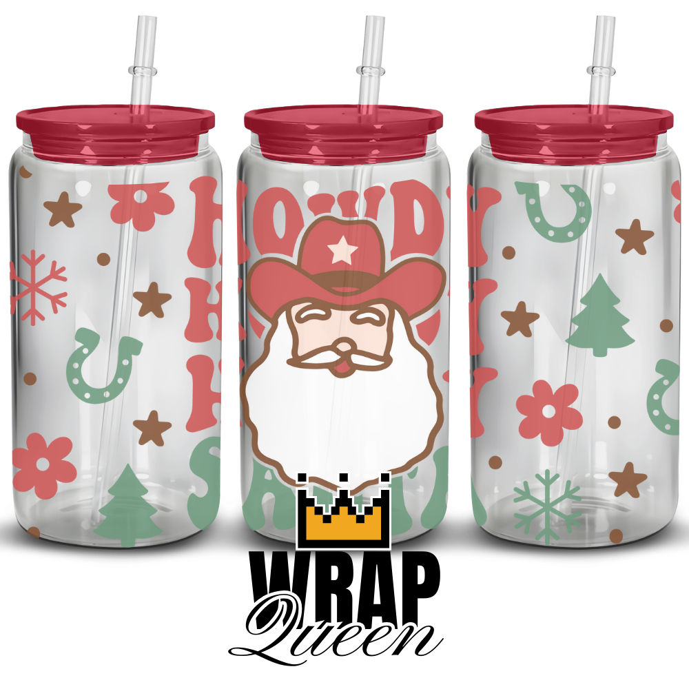 Christmas Santa Howdy UV DTF 16oz Glass Cup Wrap