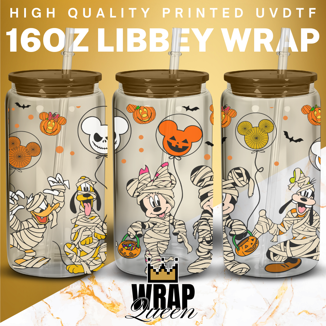 Halloween Mouse Mummies and Gang Balloon UV DTF 16oz Glass Cup Wrap