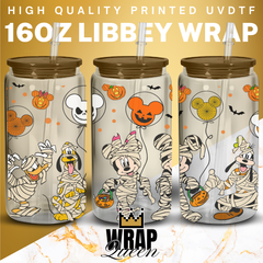 Halloween Mouse Mummies and Gang Balloon UV DTF 16oz Glass Cup Wrap