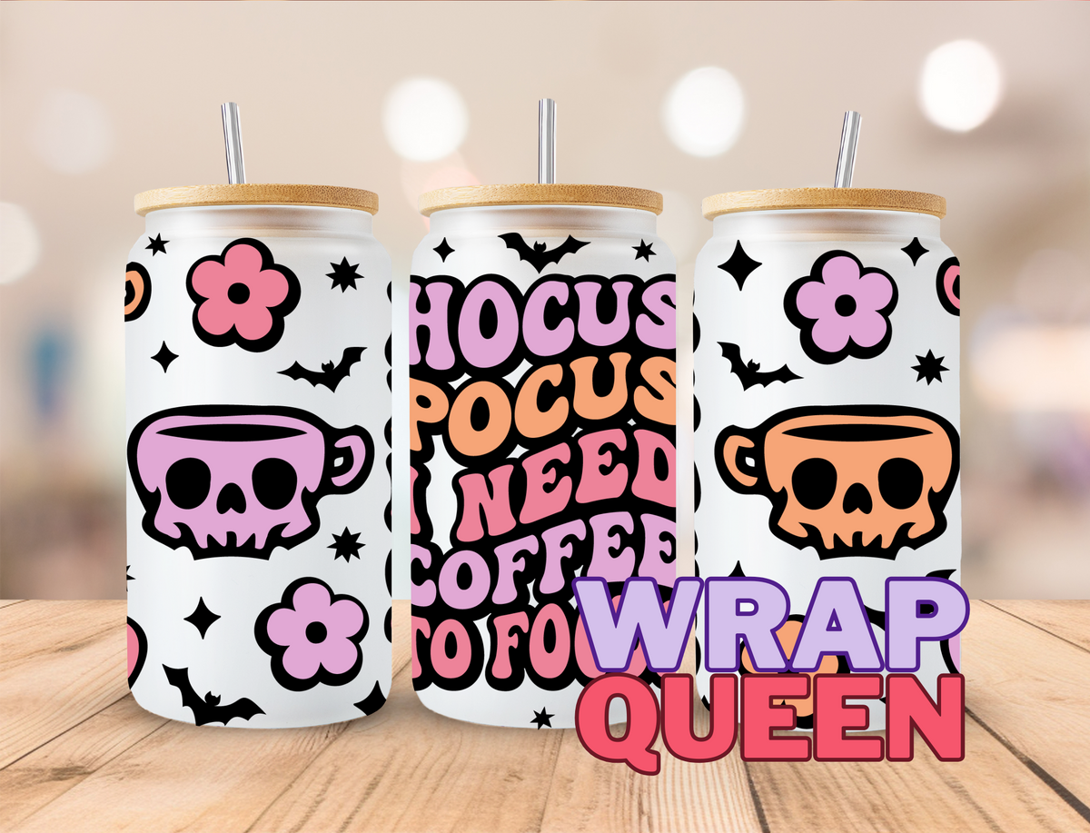 Halloween Hocus Pocus I need Coffee to Focus UV DTF 16oz Glass Cup Wrap