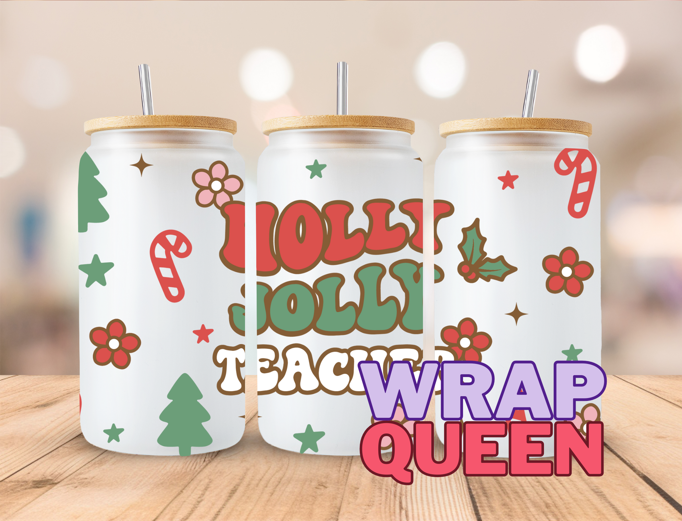 Christmas Holly Jolly Teacher UV DTF 16oz Glass Cup Wrap