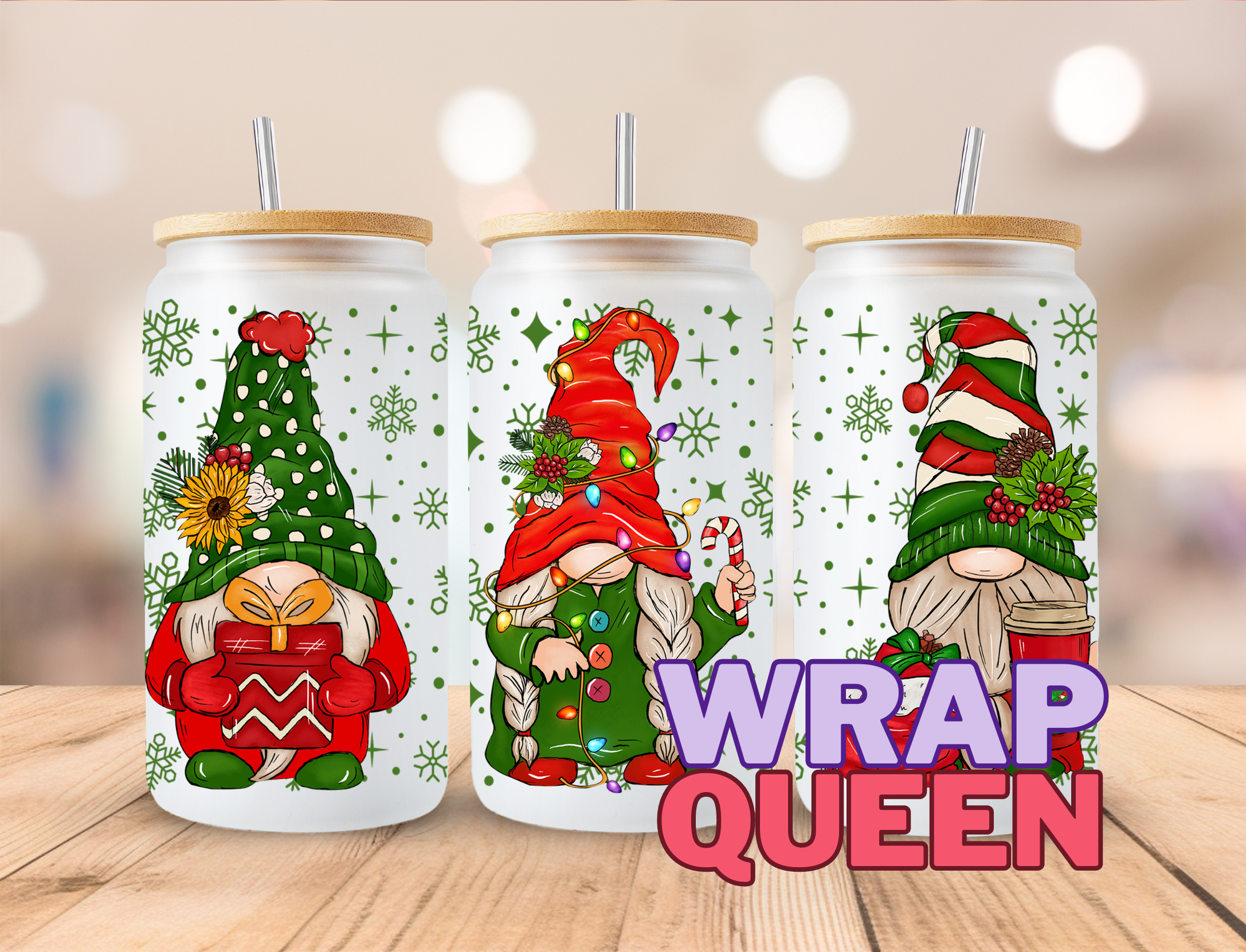 Christmas Gonk UV DTF 16oz Glass Cup Wrap