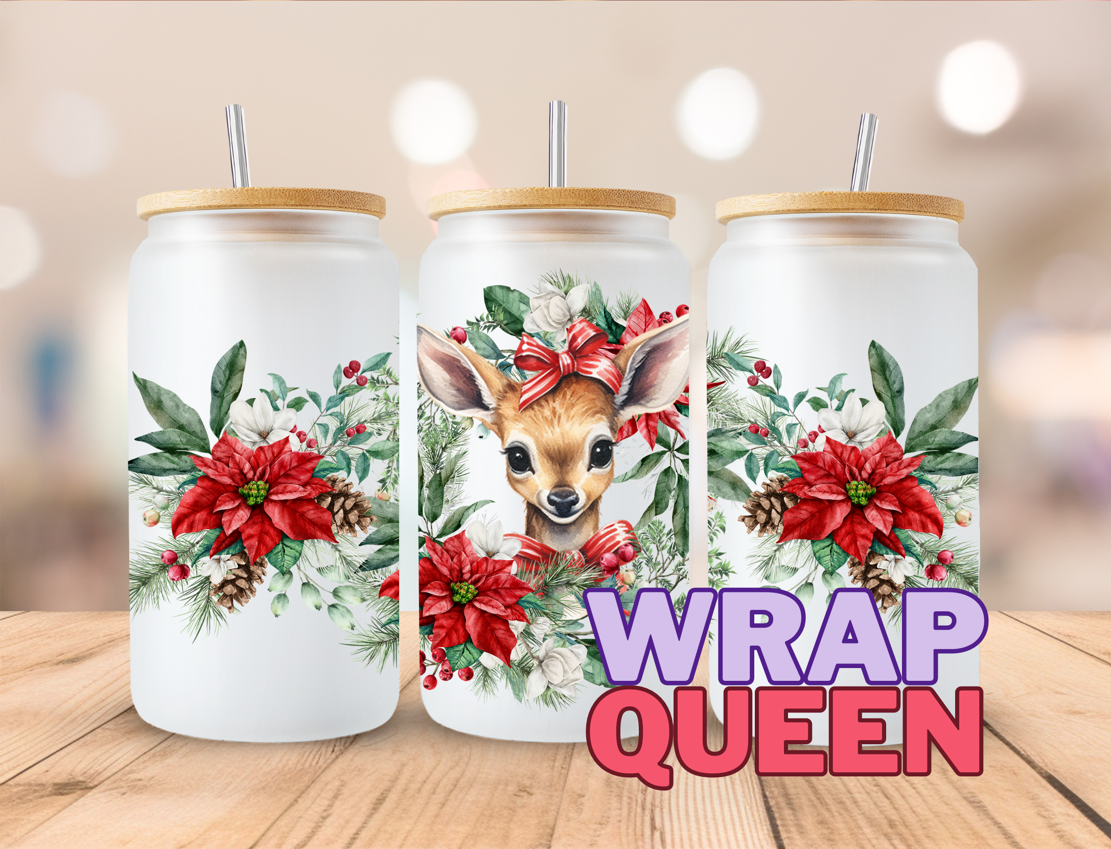 Christmas Deer UV DTF 16oz Glass Cup Wrap