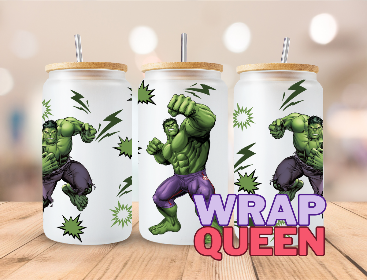 Superhero Hulk Green UV DTF 16oz Glass Cup Wrap