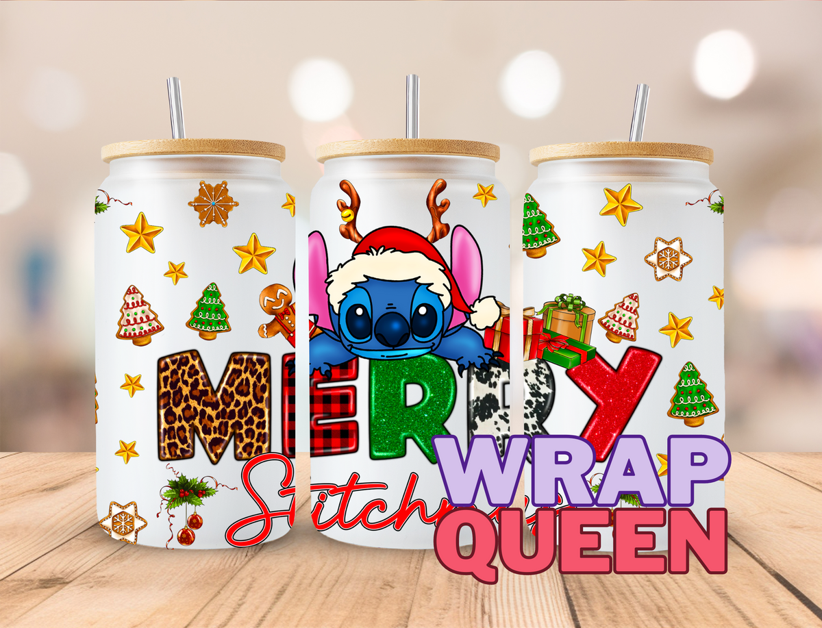 Merry Stitchmas Experiment 626 UV DTF 16oz Glass Cup Wrap