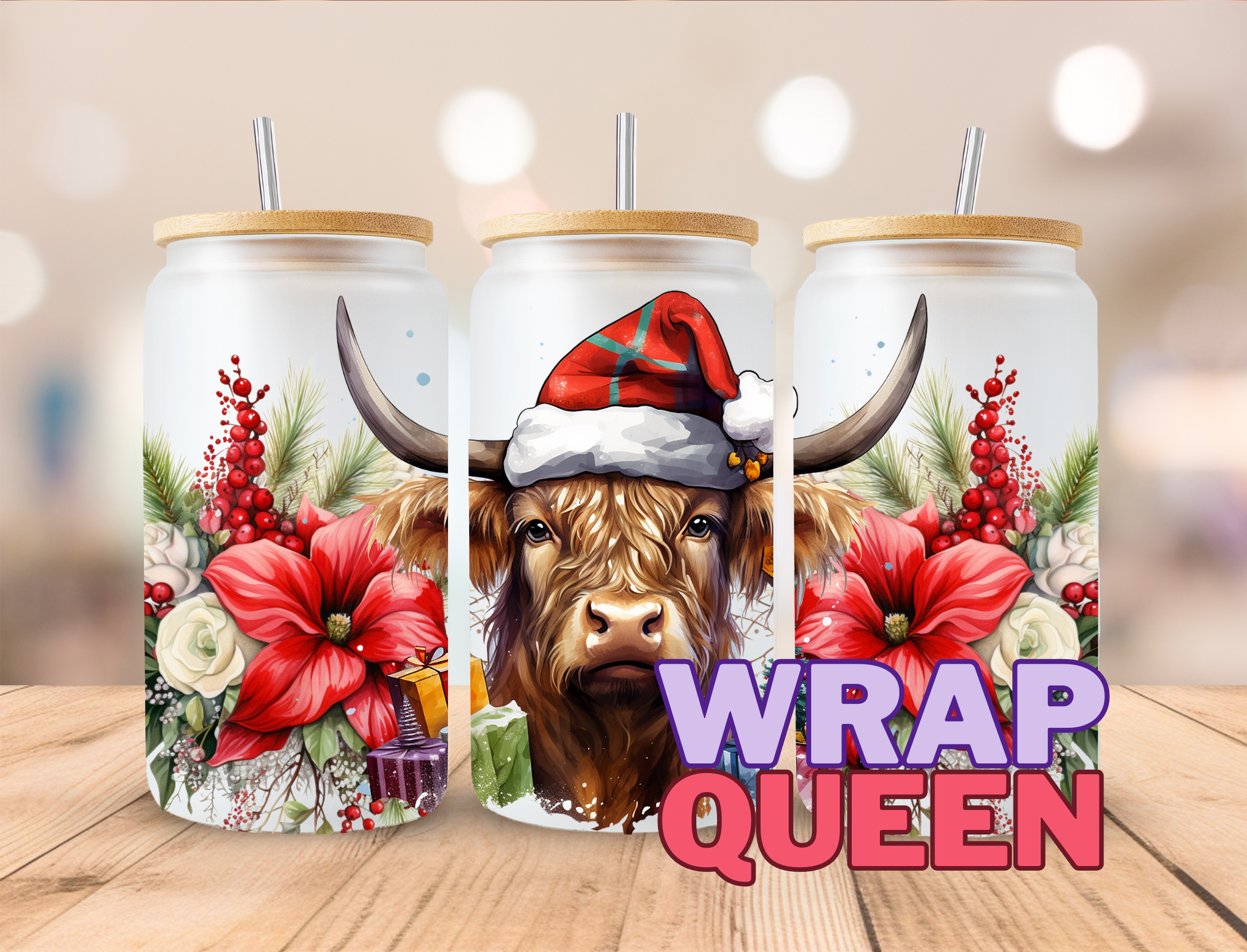 Highland Cow Red Floral 1 Animal UV DTF 16oz Glass Cup Wrap