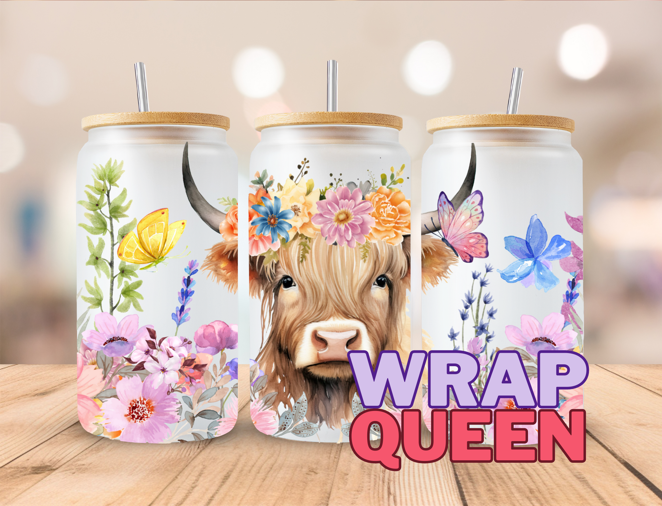 Highland Cow Animal UV DTF 16oz Glass Cup Wrap