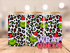 Grinch Leopard print UV DTF 16oz Glass Cup Wrap