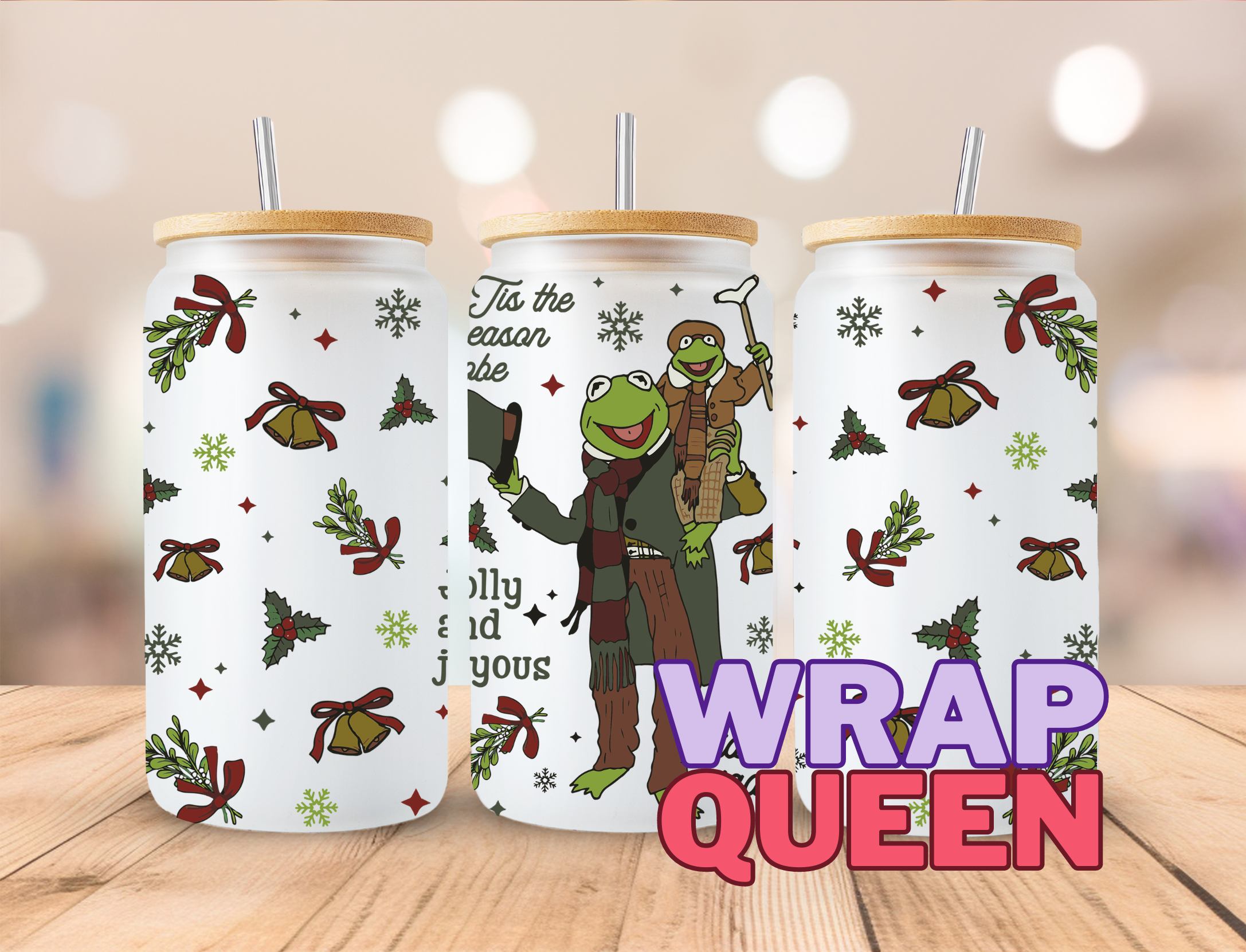 Christmas Frog UV DTF 16oz Glass Cup Wrap