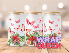 Christmas Butterflies UV DTF 16oz Glass Cup Wrap