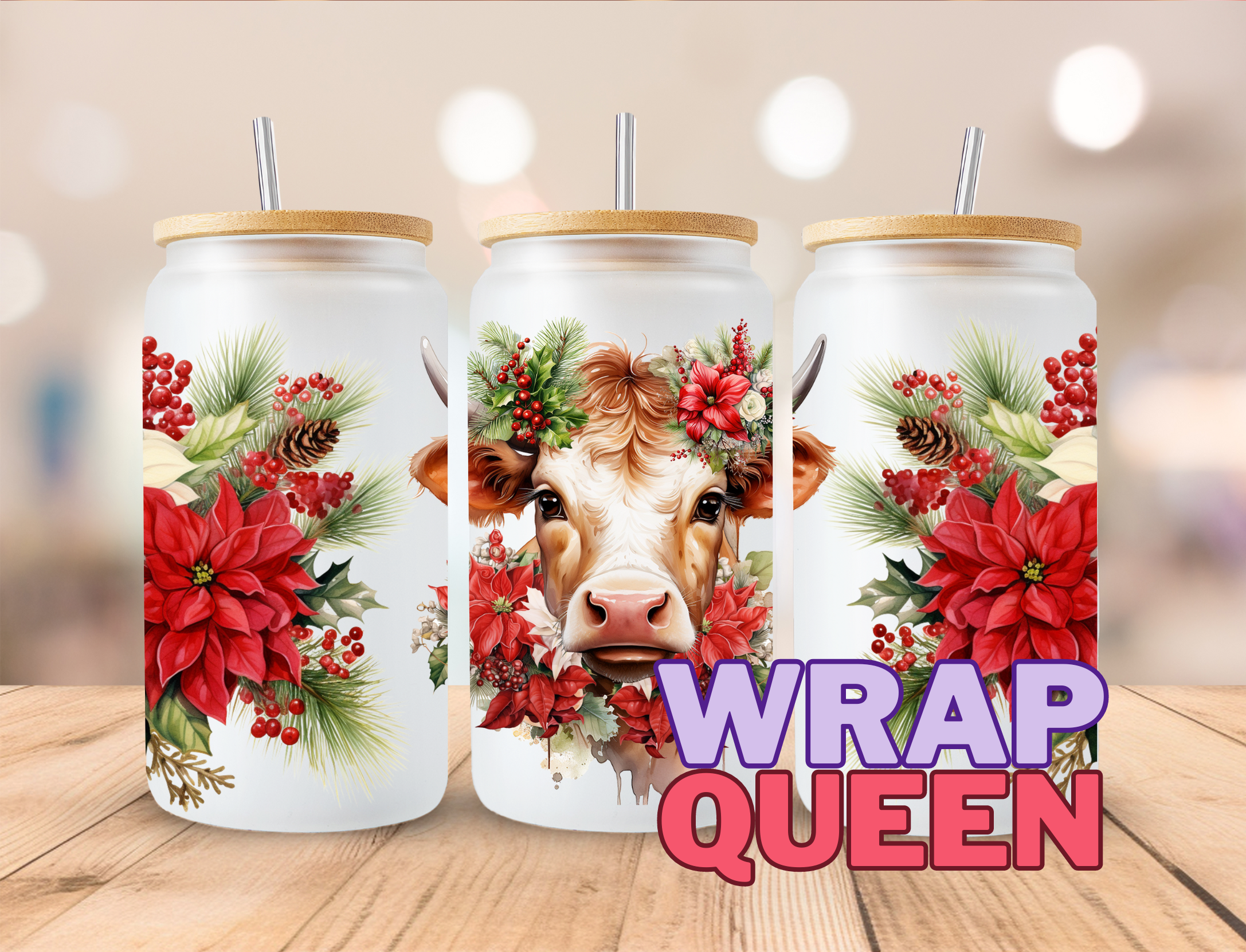 Highland Cow Cute Christmas 3  UV DTF 16oz Glass Cup Wrap