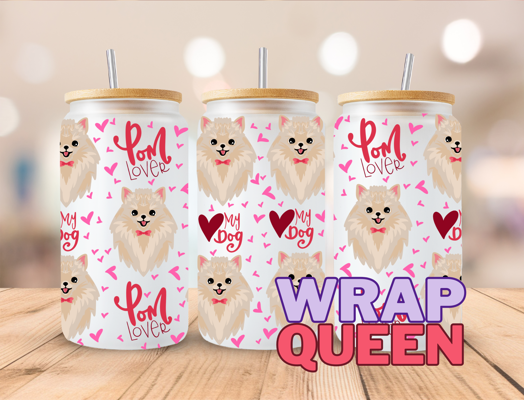 Dog Pom Lover UV DTF 16oz Glass Cup Wrap