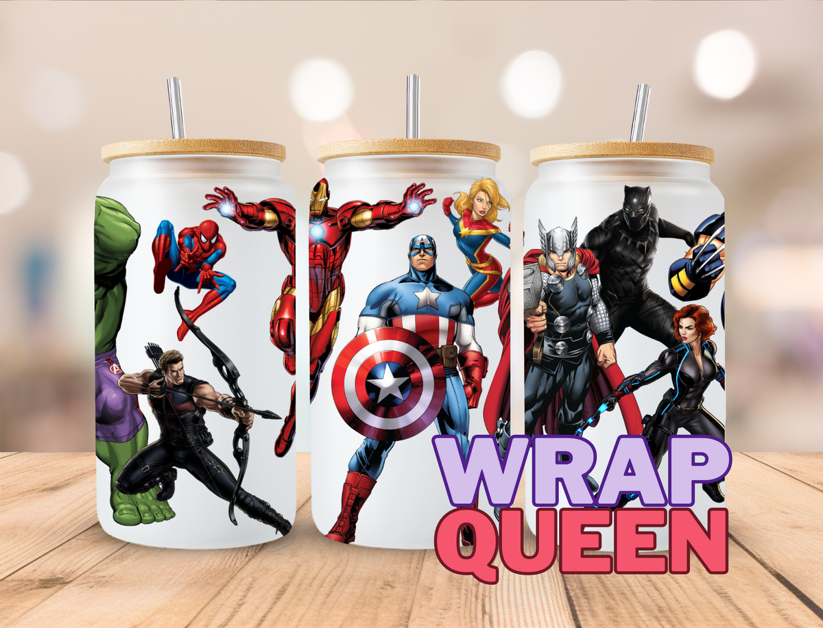 Superhero's Film UV DTF 16oz Glass Cup Wrap