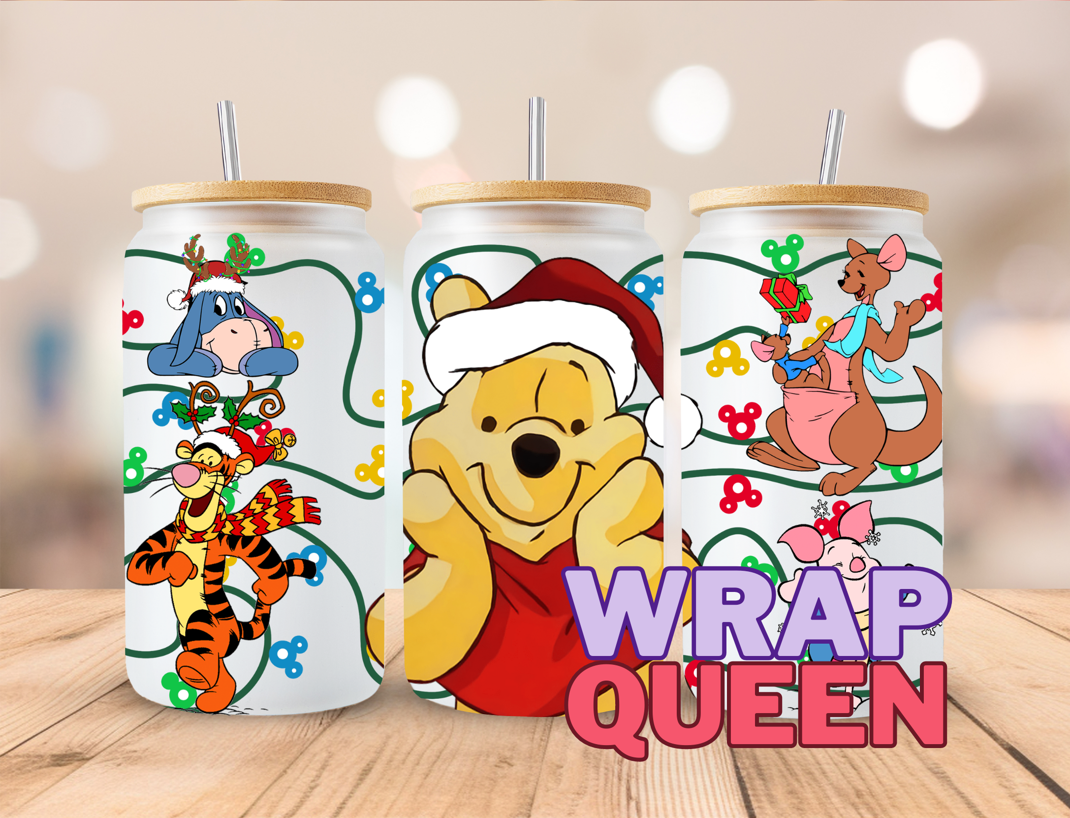 Christmas Bear Lights UV DTF 16oz Glass Cup Wrap