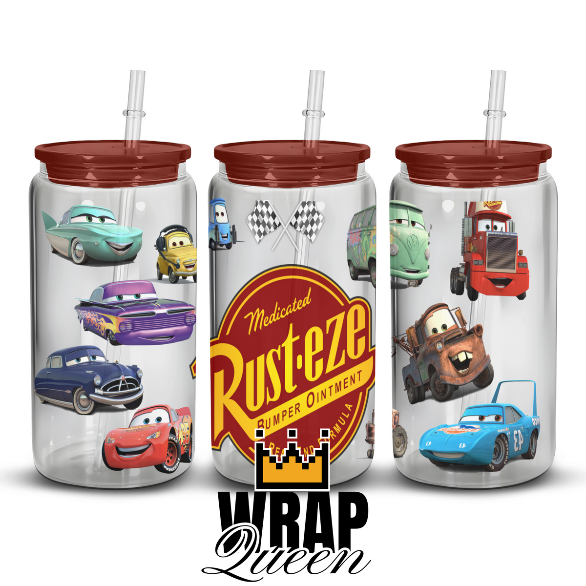 Cars Rusteze UV DTF 16oz Glass Cup Wrap