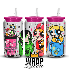 Powerpuff Girls Cups UV DTF 16oz Glass Cup Wrap