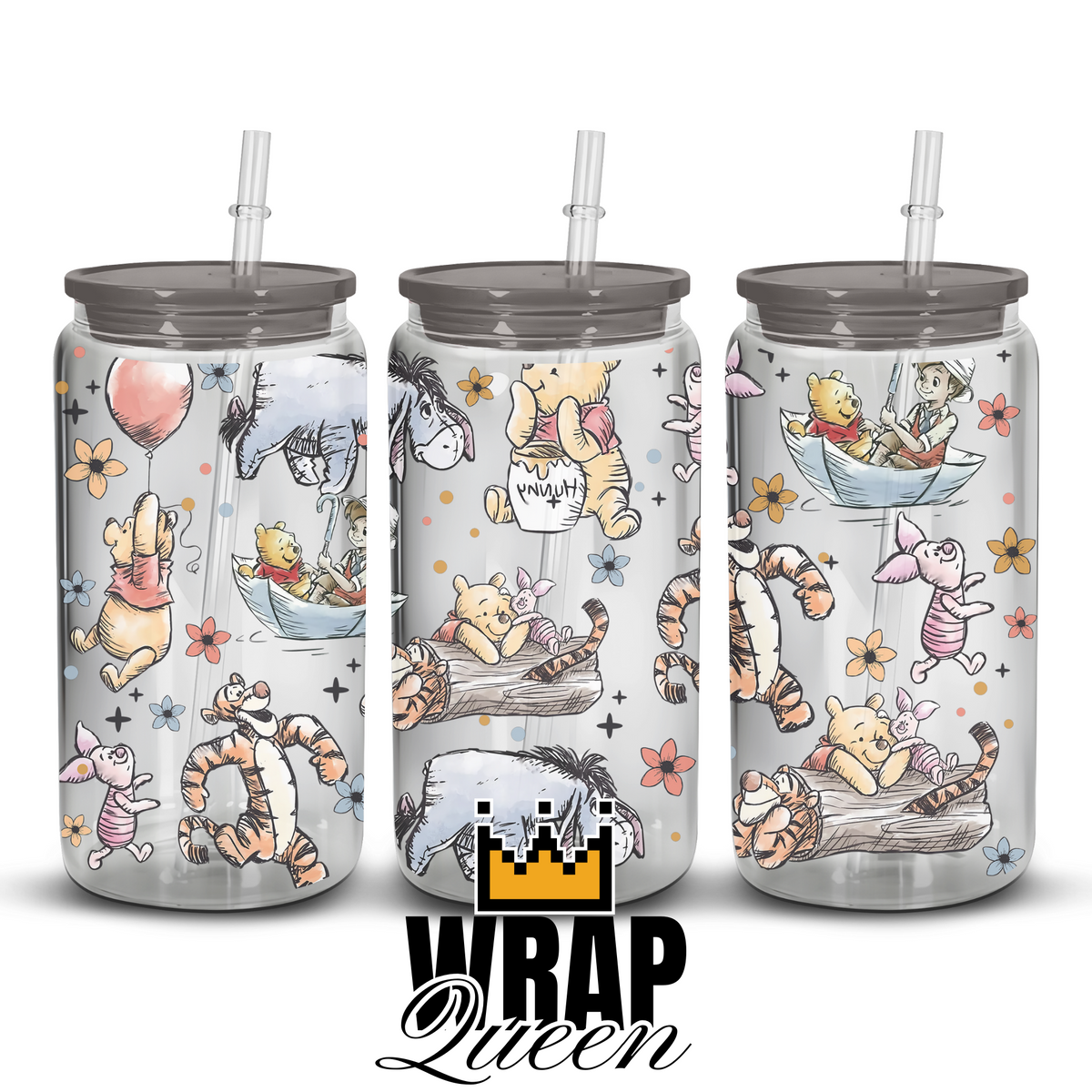 Watercolour Bear and friends UV DTF 16oz Glass Cup Wrap