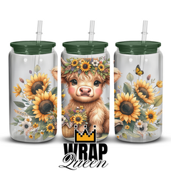 Highland Cow Sunflower Animal UV DTF 16oz Glass Cup Wrap