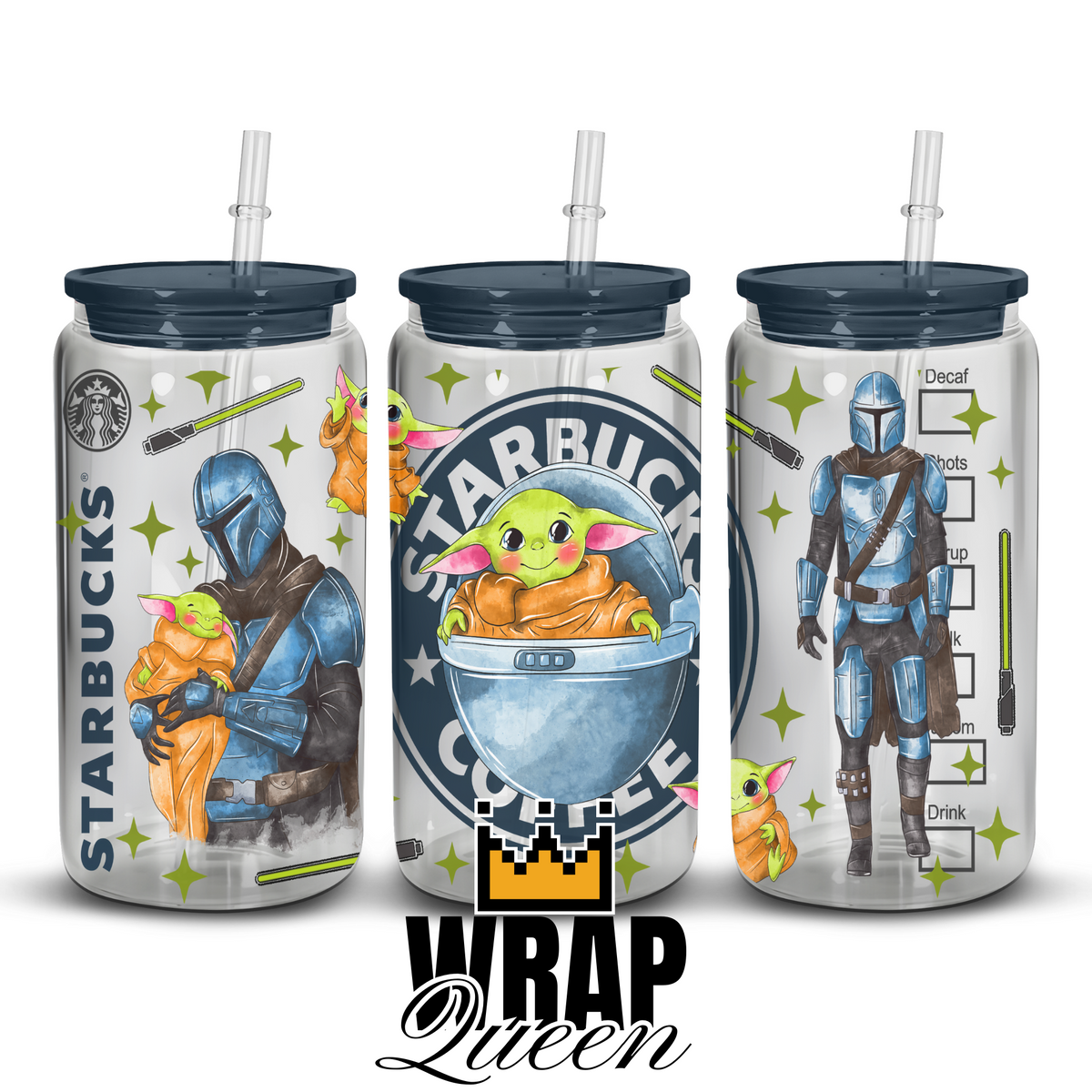 Yoda Boba Coffee Cartoon UV DTF 16oz Glass Cup Wrap