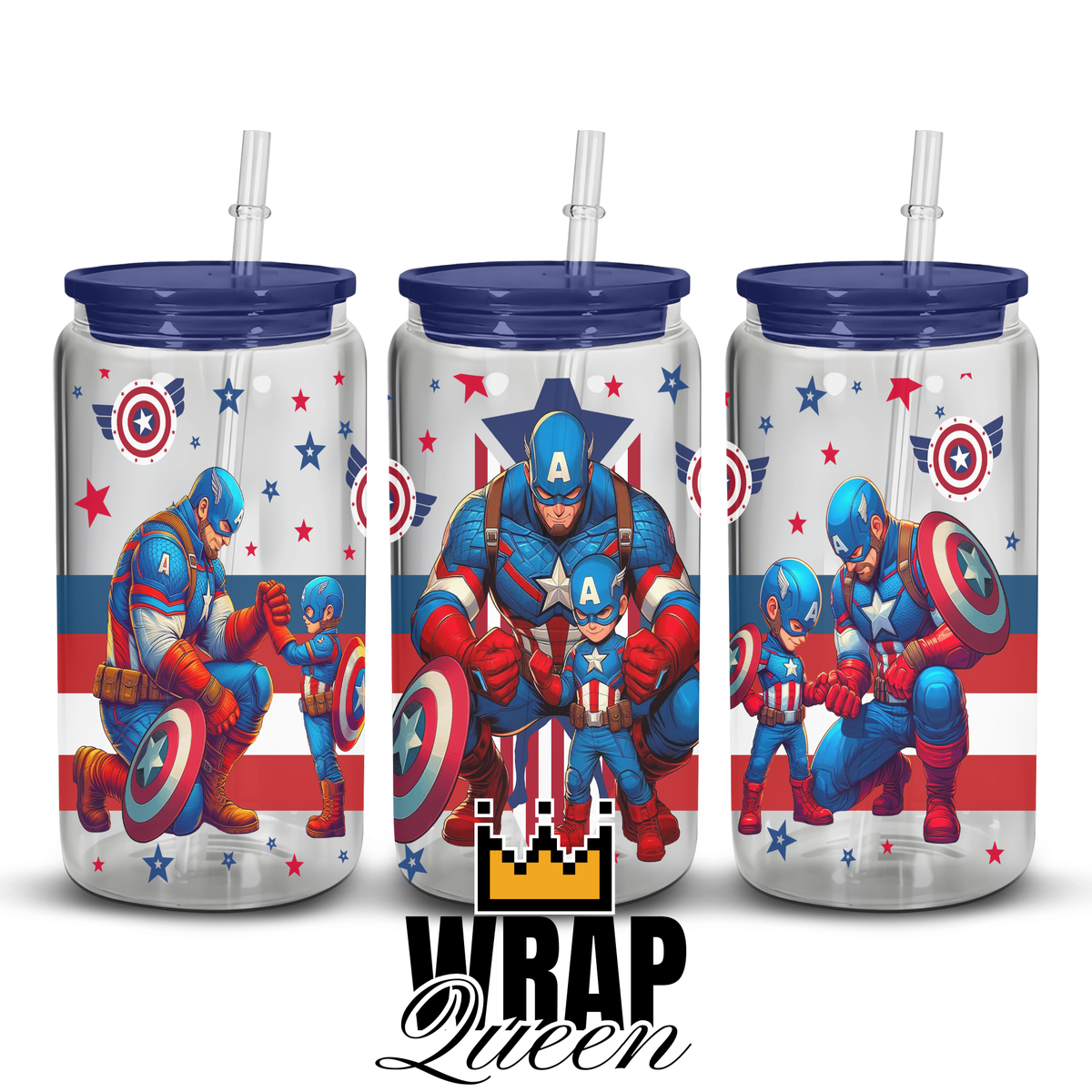 Superhero Captain America UV DTF 16oz Glass Cup Wrap