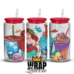 Ariel Mermaid Cups UV DTF 16oz Glass Cup Wrap