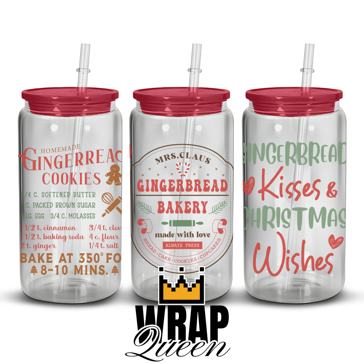 Gingerbread kisses and Christmas wishes UV DTF 16oz Glass Cup Wrap